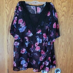 Torrid Black and Pink Sheer Blouse with Lace V-Neck Collar